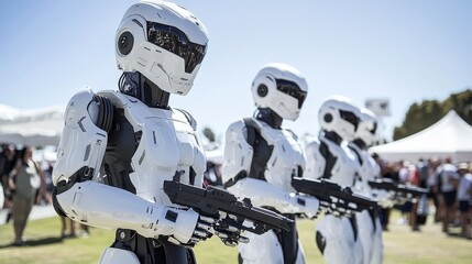 Fototapeta premium Futuristic humanoid combat robots in white and black armor lined up in formation for an epic military parade, showcasing advanced technology, power, and robotic warfare.