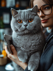 Adorable British Shorthair cat portrait with fluffy fur and captivating eyes, perfect for pet lovers