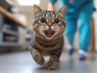 Naklejka premium Adorable British Shorthair cat with striped fur, playful and fluffy indoor pet, running joyfully