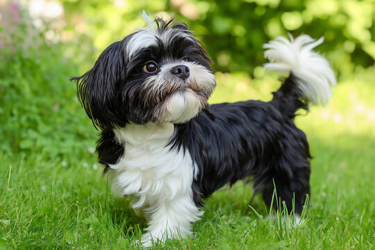 Shih Tzu dog enjoying outdoor play on grass, cute and fluffy with expressive eyes and fur