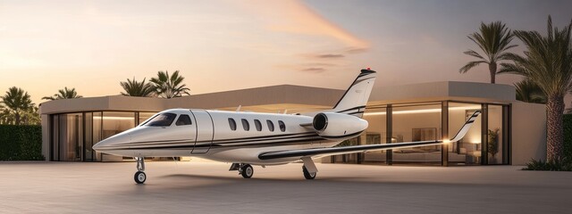 A sleek modern private jet parked in front of a luxury villa with glass walls and ambient lighting, set against a breathtaking sunset sky. Luxury travel, exclusive lifestyle, opulent design concept