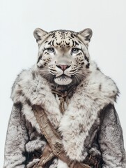 Obraz premium a happy face of a Clouded Leopard dressed as a primitive man wearing furs