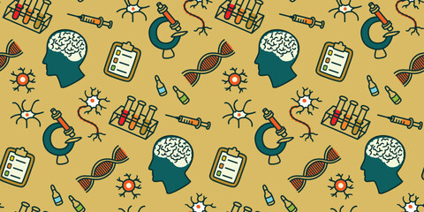 Medical research seamless pattern with human brain. Silhouette of head, brain cells, test tubes, syringe, ampoules,microscope. Background or texture for printing on fabric. Vector design for textile.
