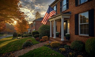 A suburban home in autumn with an American flag in the golden hour sunlight. - Powered by Adobe