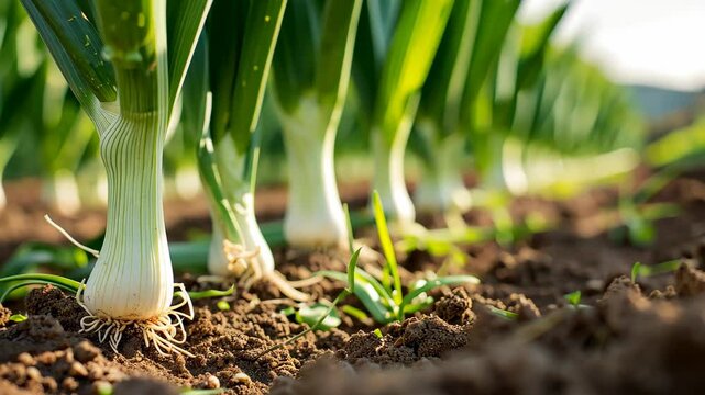 Detailed close-up of fresh leeks thriving on a sunlit farm, a harvest in progress, Ai Generated