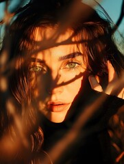 Close-up portrait of a woman with green eyes, partially covered by shadows from branches, bathed in warm golden hour sunlight