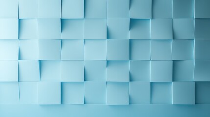 An organized arrangement of blue square note papers on a wall creates an intriguing visual texture, reflecting organization and creativity through simplicity and color contrast.