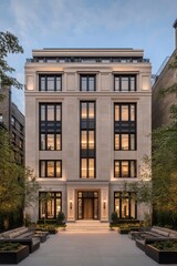 Naklejka premium A stunning façade of a luxurious residential building stands gracefully amid beautifully landscaped surroundings, illuminated by the tranquil evening light
