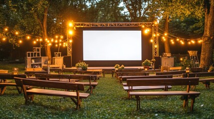 Obraz premium Outdoor movie screen with a blank white space for text, illuminated by stage lights against a scenic natural backdrop at sunset. Open-air cinema mockup for summer entertainment and event promotion.