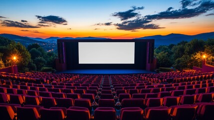 Fototapeta premium Outdoor movie screen with a blank white space for text, illuminated by stage lights against a scenic natural backdrop at sunset. Open-air cinema mockup for summer entertainment and event promotion.