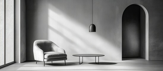 Modern minimalist interior design with armchair and coffee table