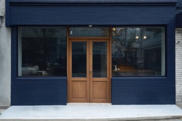 Obraz premium Charming storefront with wooden double doors and large windows in a city location, showcasing a stylish and welcoming ambiance during daylight hours