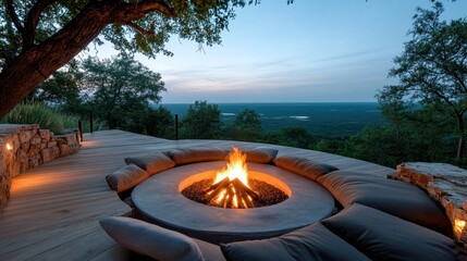 A stunning outdoor space featuring a modern firepit surrounded by plush seating, offering breathtaking views of a lush landscape as dusk settles in.