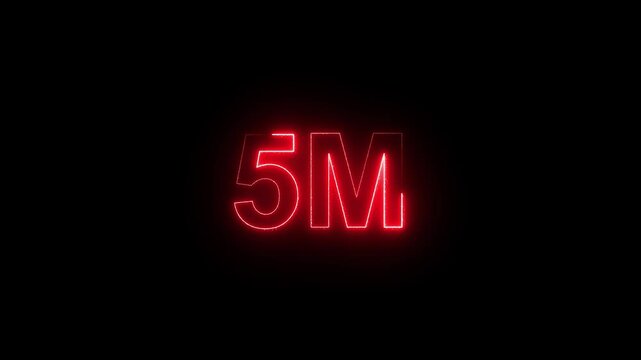Neon a vibrant red design with the text "5M FOLLOWERS." The letters are stylized and illuminated, conveying a celebratory tone. The background is black.