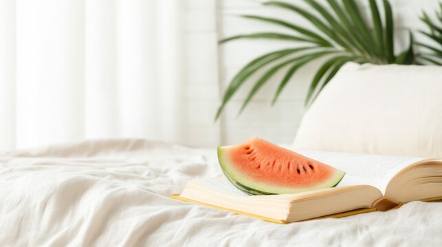 A slice of watermelon beautifully positioned on an open book, complemented by soft textures and warm lighting, ideal for summer reading and relaxation.