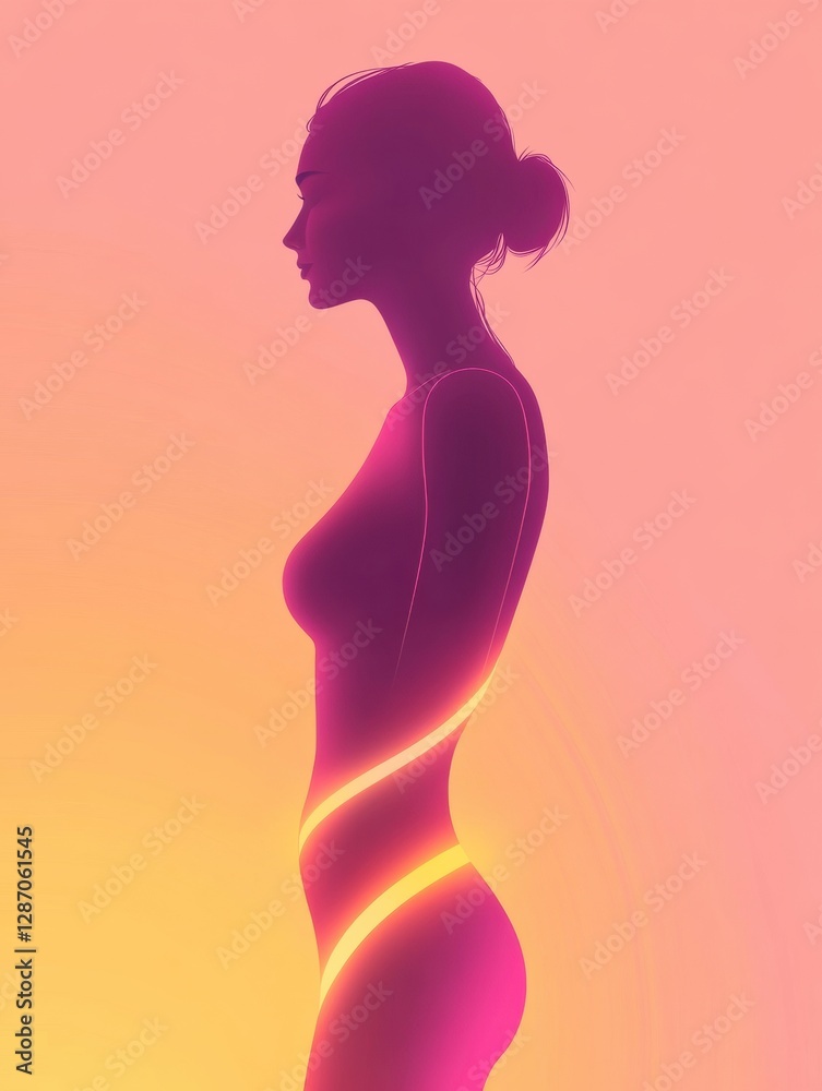 Poster slim female silhouette with highlighted waistline against a vibrant gradient background showcasing e