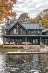 Obraz premium Beautiful lakeside cottage with modern design and autumn foliage reflecting on the water, featuring spacious decks and cozy seating in a serene natural setting