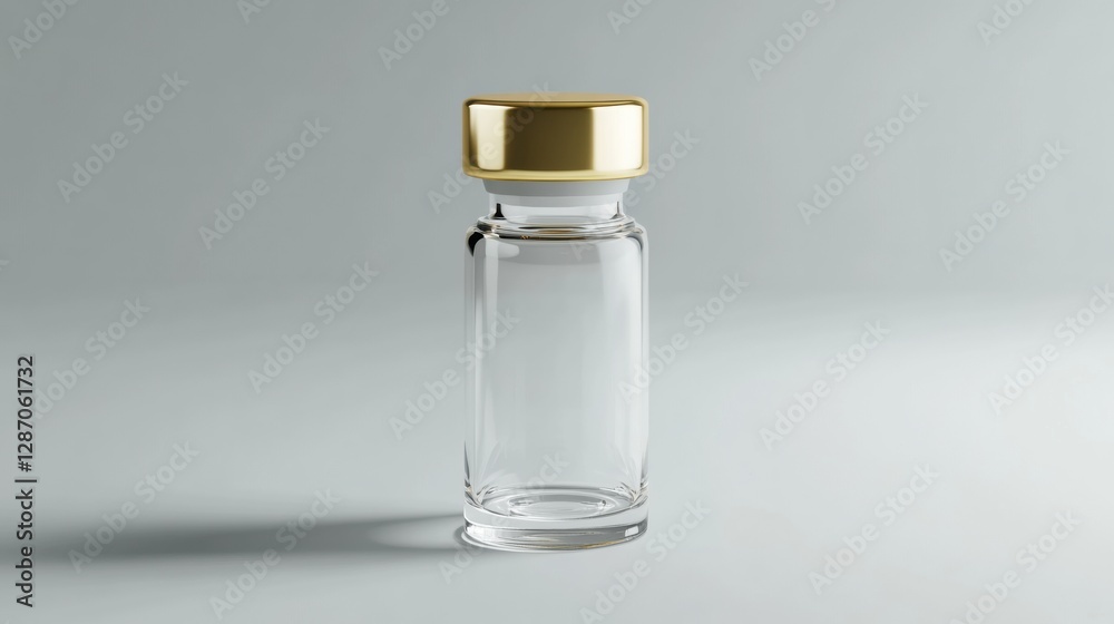 Aufkleber clear glass bottle with gold cap displayed on a minimalistic gray background for modern design inspi