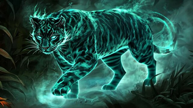 A spectral tiger with glowing turquoise fur strides through a misty, forested environment.