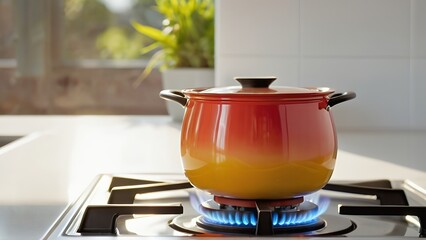 Bright and inviting modern kitchen featuring a cooking pot on the stovetop alongside fresh vegetables, promoting culinary creativity and home cooking vibes