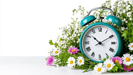 Spring forward. Time change in spring. Daylight saving time. Vintage alarm clock with lush arrangement of delicate white flowers on white background. Clock turn forward one hour in spring
