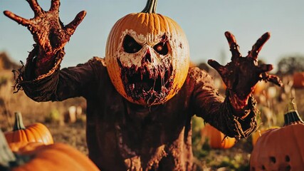Creepy pumpkin creature emerges from pumpkin patch during autumn sunset in rural setting