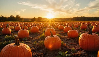 Vast pumpkin field under golden sunrise, bounty of harvest