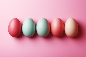 Fototapeta premium 5 kolorowych pomalowanych jajek na różowym tle