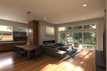 Modern open-plan home interior, dining, living area, backyard view