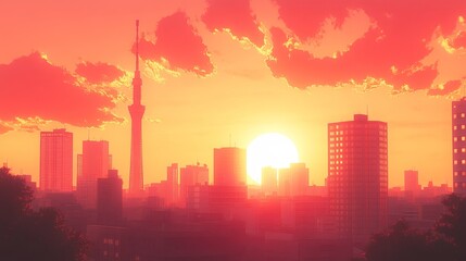 Fototapeta premium The setting sun casts a warm glow over the city skyline, with tall skyscrapers standing against an orange sky, while pink clouds gently fill the upper half of the sky, creating a stunning urban sunset