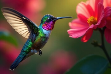Vibrant hummingbird, iridescent feathers, nectar feeding, jewel-toned, red