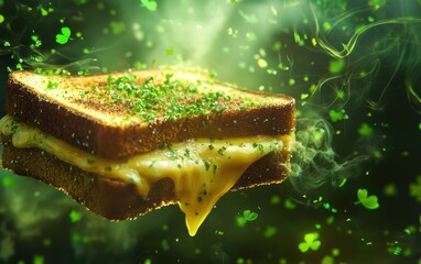 St Patrick Day floating grilled cheese sandwich with green cheddar on luminous background
