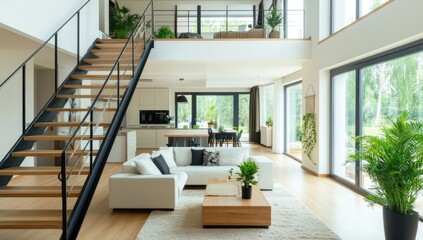 Fototapeta premium Modern open-plan living area with wooden stairs and large windows