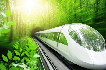 Fototapeta premium High-Speed Train Traveling Through Lush Green Forest at Sunrise