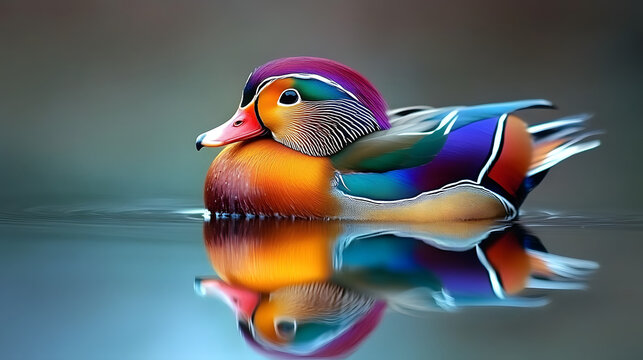 A vibrant mandarin duck floating on a calm lake its colorful feathers reflecting on the water.