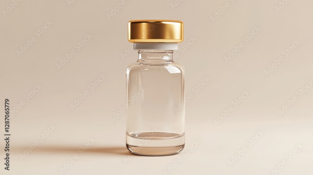 Leinwandbilder Clear glass bottle with golden cap on a neutral background representing storage for liquids and potential contents. Generative AI