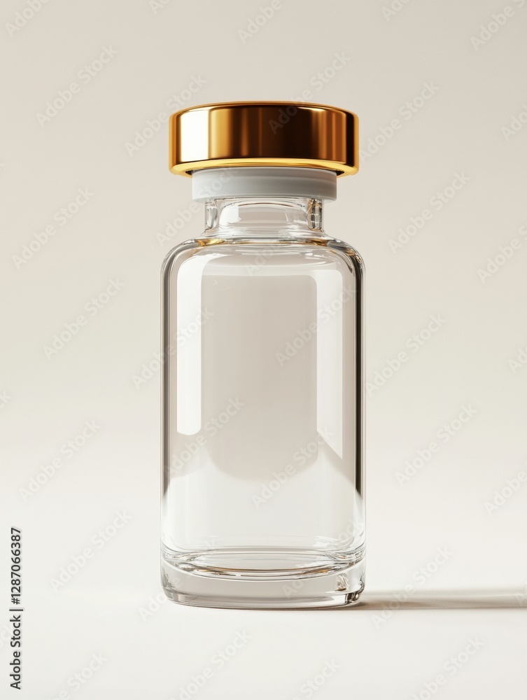 Poster clear glass vial with a golden cap standing upright on a neutral background in a well lit setting. g