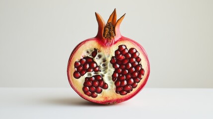 Minimalist pomegranate cut in half revealing vibrant red seeds on clean surface