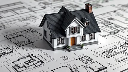 A two story house model rests on detailed architectural blueprints