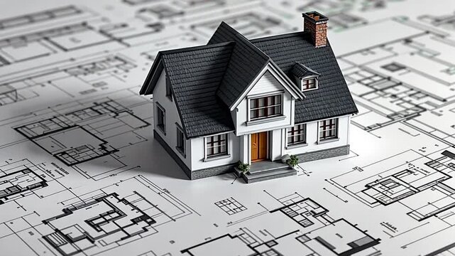 A two story house model rests on detailed architectural blueprints