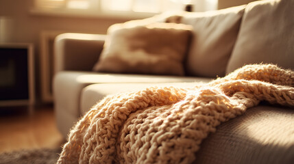 Fototapeta premium A warm and inviting living room with a soft beige sofa and a knitted throw blanket.