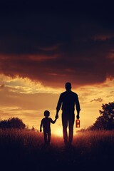 Silhouette of a father holding his child's hand while holding an alcohol bottle