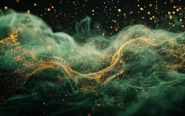 Fototapeta premium Abstract floating green mist with golden sparkles in motion for Saint Patricks Day
