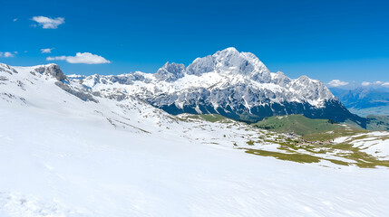 Majestic snow-capped Alps mountain range, spring thaw, green valley