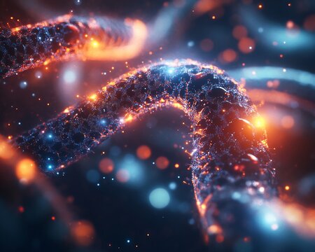 Artistic representation of molecular chaperone aiding protein folding glowing polypeptide being folded intricate texture cinematic soft light gradient ultra detailed proportion perfect symmetry