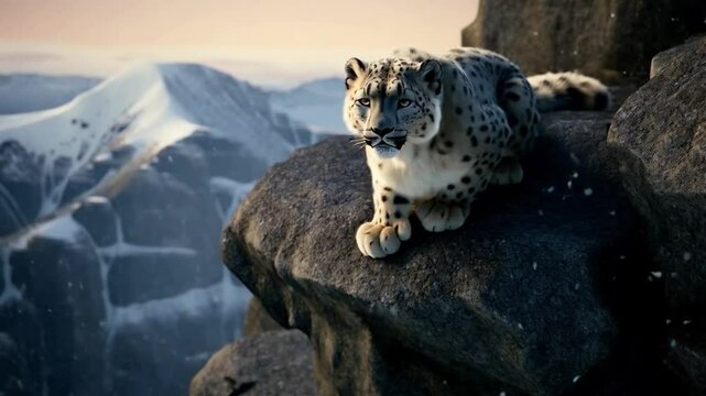 Snow Leopard Resting on a Rocky Ledge in a Mountainous Region at Sunset Highlighting Its Majestic Fur and Piercing Gaze