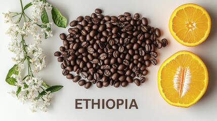 Ethiopian coffee beans with jasmine flowers and a sliced orange on a clean background