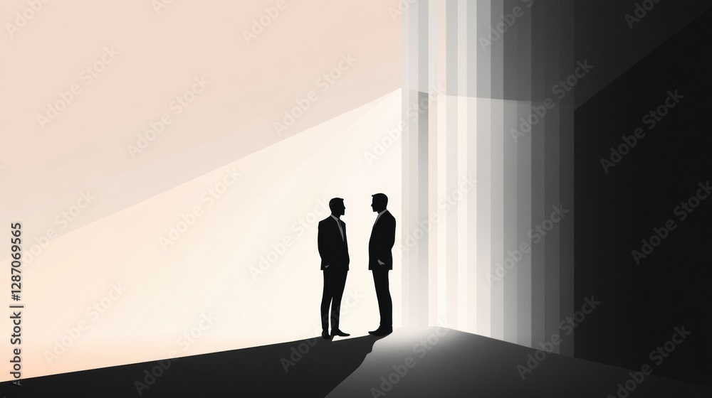 Leinwandbilder Two men in suits conversing in a minimalist setting with stark lighting and shadows at dusk. Generative AI