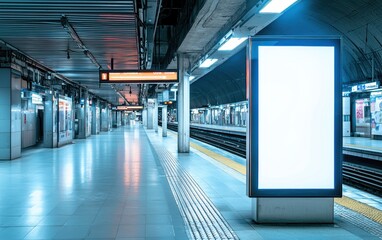 Naklejka premium Clean empty billboard in train station; vertical digital OOH advertising space