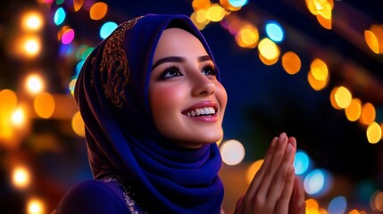 Joyful Asian Muslim Woman with Hands Pressed Together Under Colorful Bokeh Lights